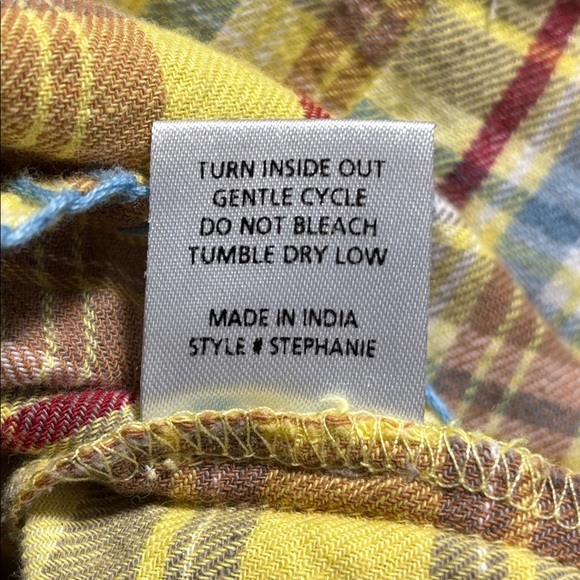 Sister Mary Yellow Blue Plaid Floral Embroidery BoHo 3/4 Sleeves Tunic Blouse Lg - Picture 11 of 11